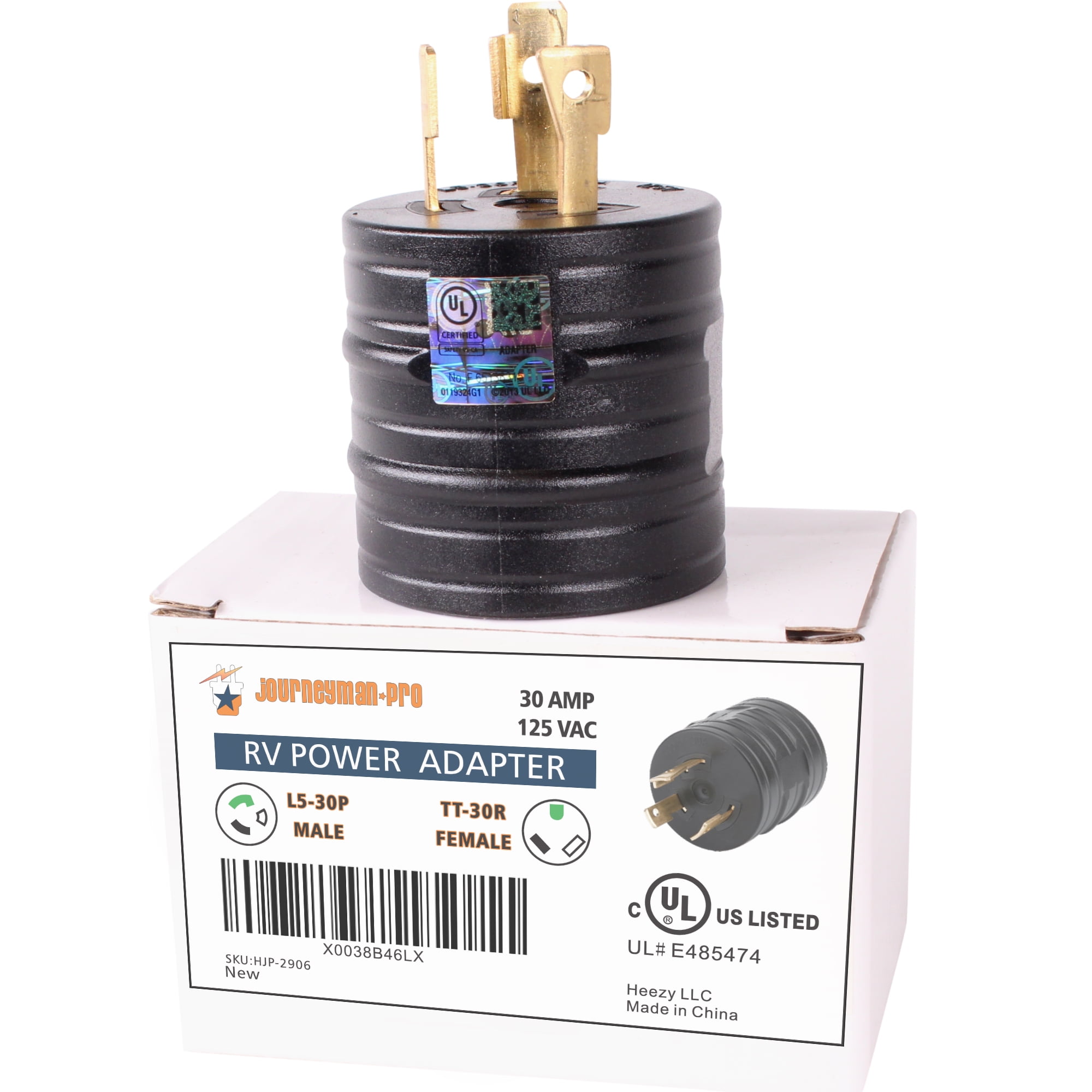 Journeyman-Pro Generator RV Power Adapter L5-30P Male to TT-30R Female 125 VAC 30 Amp - Electrical Cord Plug Converter (Black Rubber) (L5-30P to TT-30R)