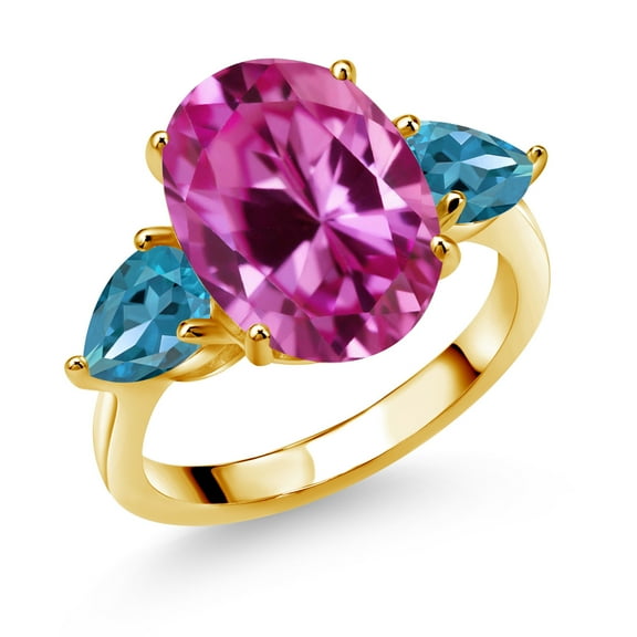 Gem Stone King 18K Yellow Gold Plated Silver Pink Created Sapphire and London Blue Topaz Ring for Women (7.54 Cttw, 14X10MM Oval and 7X5MM Pear Shape, Gemstone September Birthstone, Size 7)