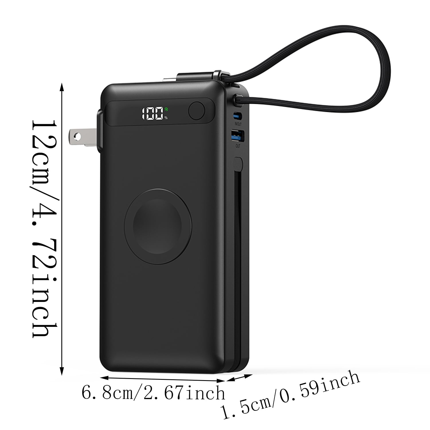 Black 5-in-1 Travel Power Bank (10,000mAh) — Built-in Foldable AC Wall Adapter and 3W Wireless Watch Charger; Multi-Device Charger with Integrated USB-C Cable; Portable External Battery Pack