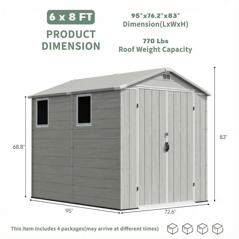 Homall 6x8ft Outdoor Resin Storage Shed with Window,Weather-Resistant, Easy Assembly, Wood-Effect Outdoor Shed for Garden & Tool Storage ,Light Gray