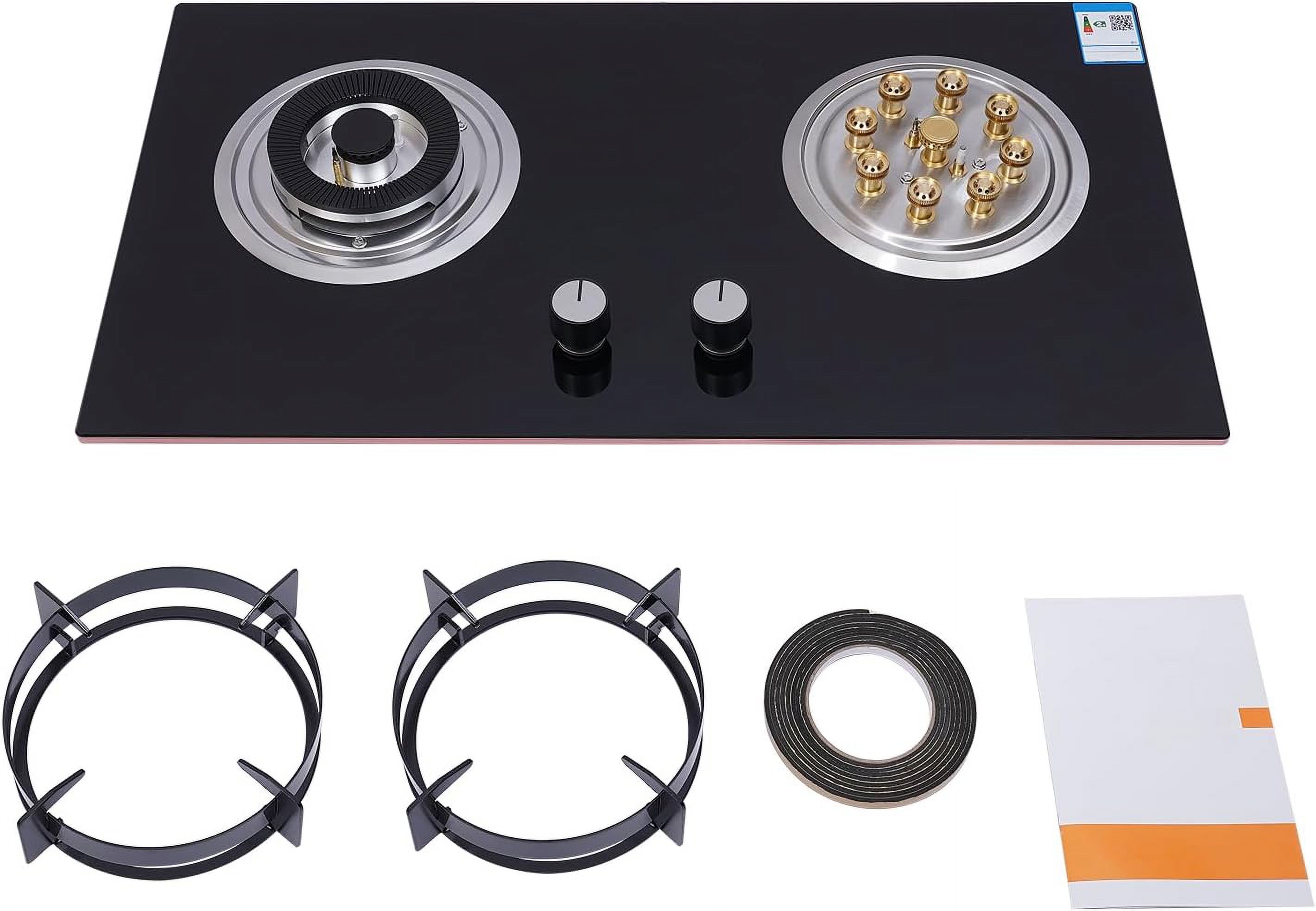 2 Burner Home Countertop Gas Stove, Black Tempered Glass Built-in Natural Gas Stove with Anti-Tempering Protection, 2 Combustion Chambers, Knob Control, for Home, Restaurant Kitchens