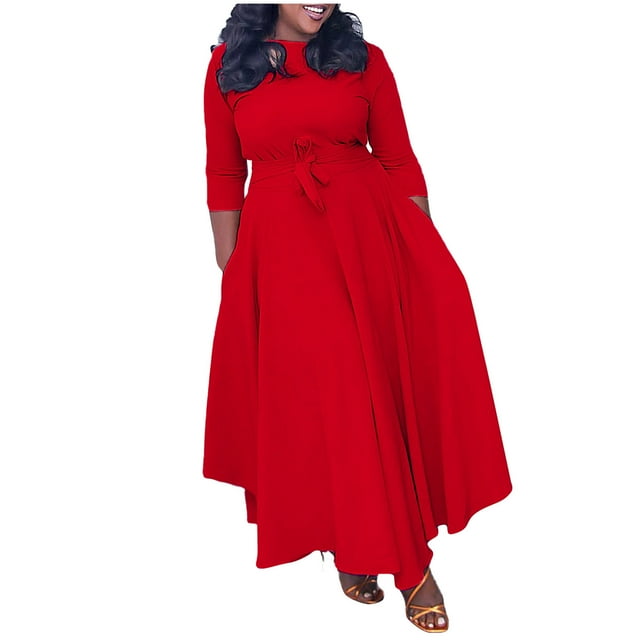 LSLJS Women's Spring and Fall New Fashion Style Lace Up Long Sleeve Large Size Long Dress, Plus Size Dress
