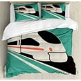 thumbnail image 1 of Train Duvet Cover Set King Size, Retro Design Poster Like Graphic with Modern Vehicle, Decorative 3 Piece Bedding Set with 2 Pillow Shams, Sea Green Eggshell, by Ambesonne, 1 of 3