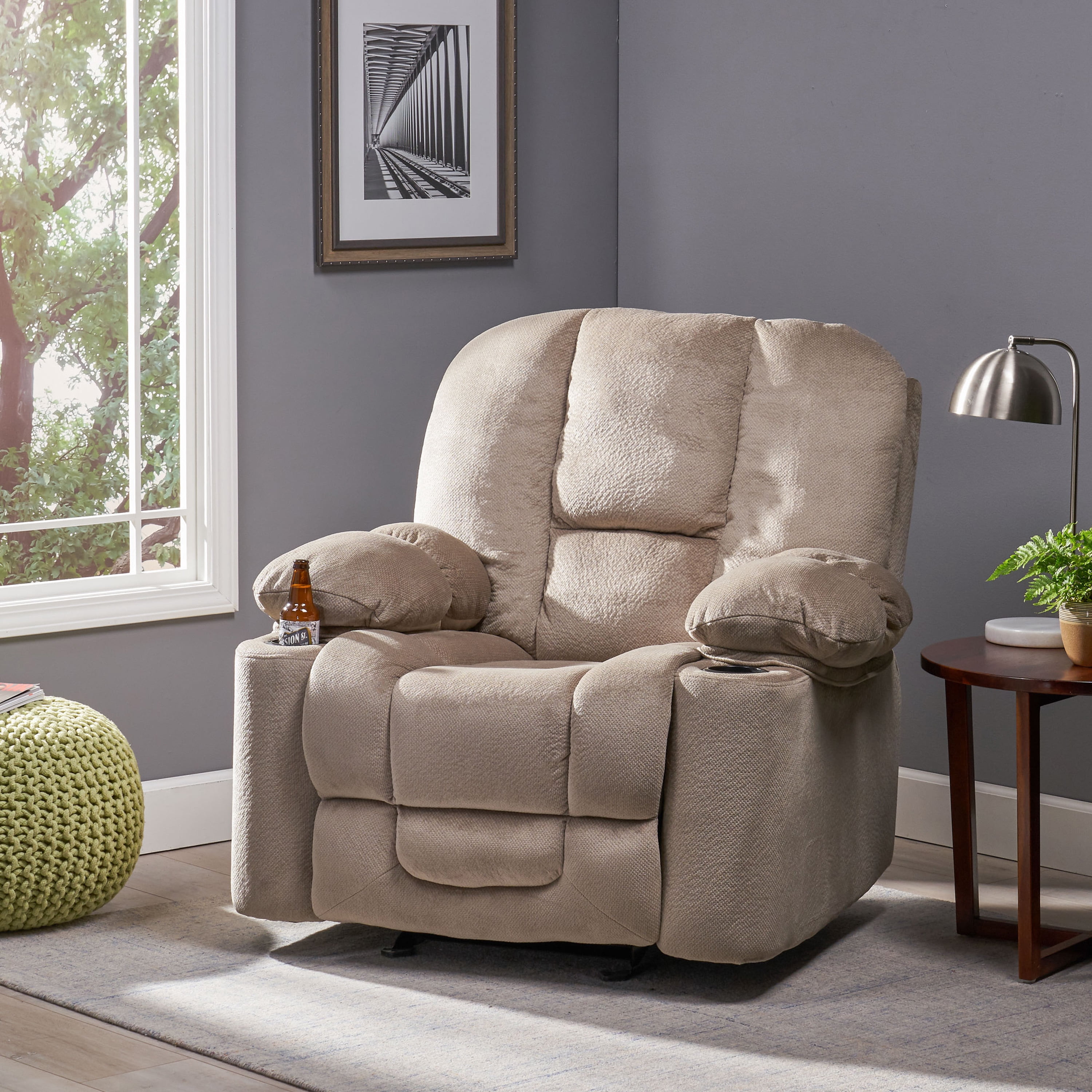 Euroco Luxurious Manual Recliner Chair in Coffee, Skin-Friendly Fabric, Dual Cup Holders
