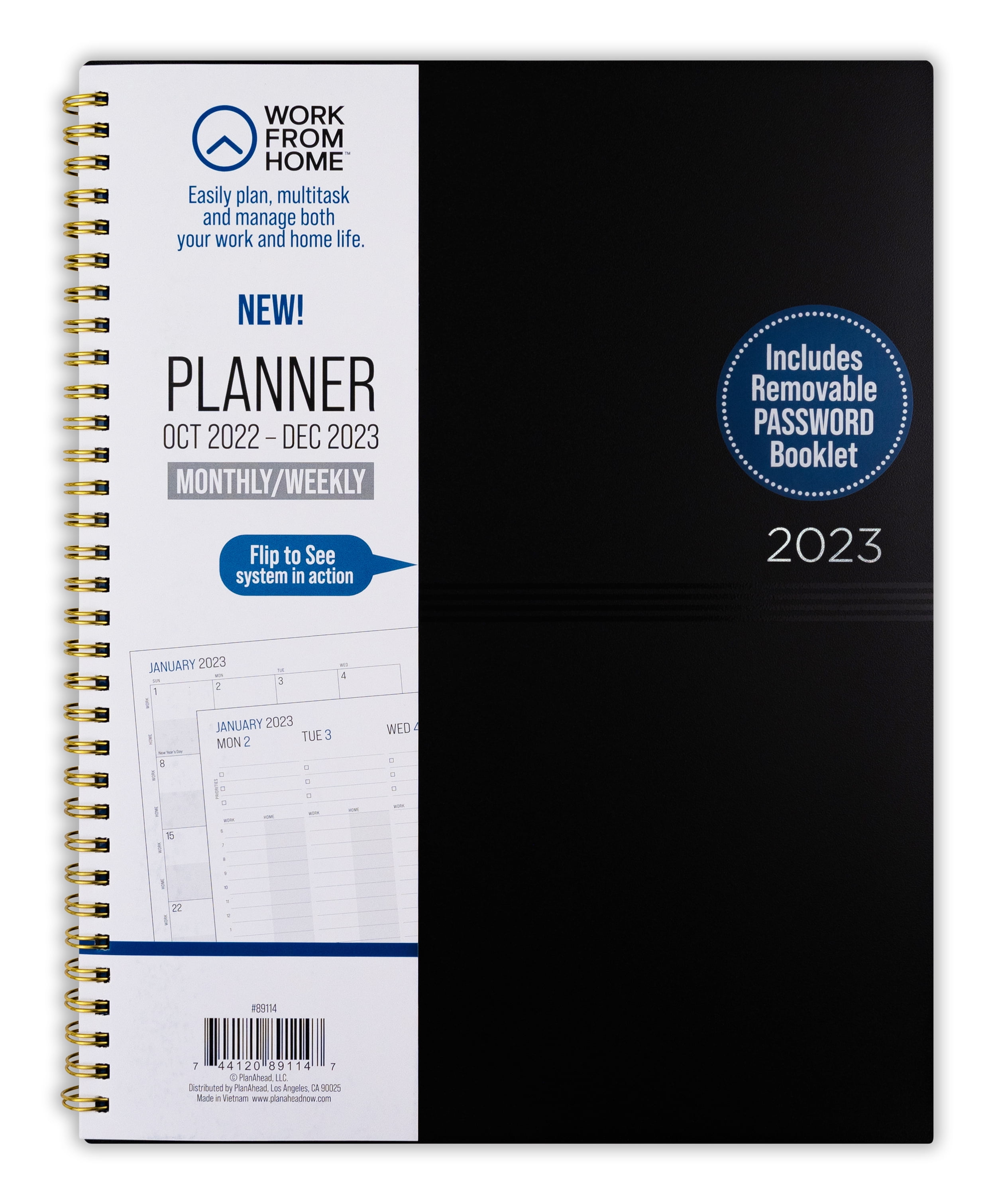 Work From Home Monthly & Weekly Planner, October 2022 - December 2023 (11.125' x 9') Black