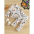 thumbnail image 2 of SUNSIOM Kid Girl Halloween Pajamas Set, Pumpkin Print Long Sleeve Button Down Ruffle Tops Elastic Waist Pants 2 Piece Set, 2 of 6