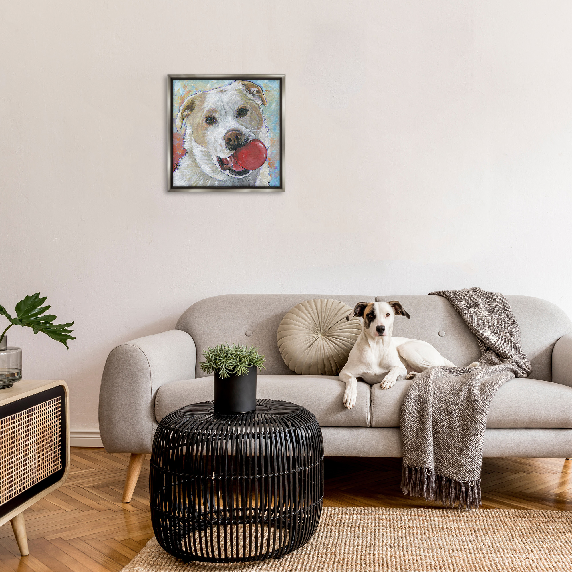 Stupell Industries Dog & Ball Portrait Animals & Insects Painting Gray Floater Framed Canvas Art Print Wall Art, 25 x 25