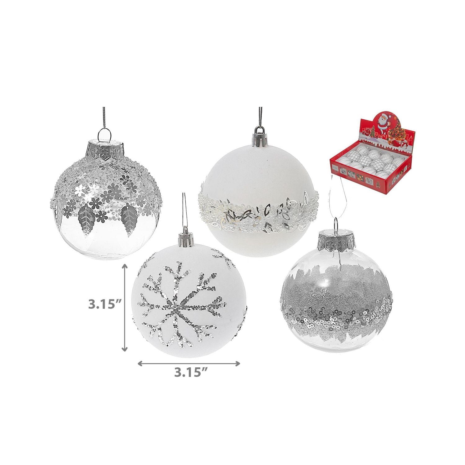 Clear and White Glitter Ball Ornament - Set of 12