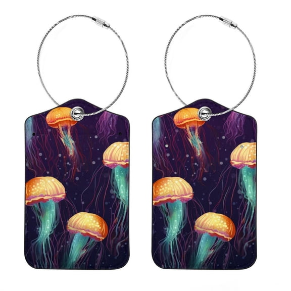 Luggage Tag, Travel Tags, Handbag Tag - Square PU Leather 2 Pack with Privacy Cover and Stainless Steel Ring - Suitable for Travel, Backpack, Handbag [Amazon Approved] Colorful Jellyfish