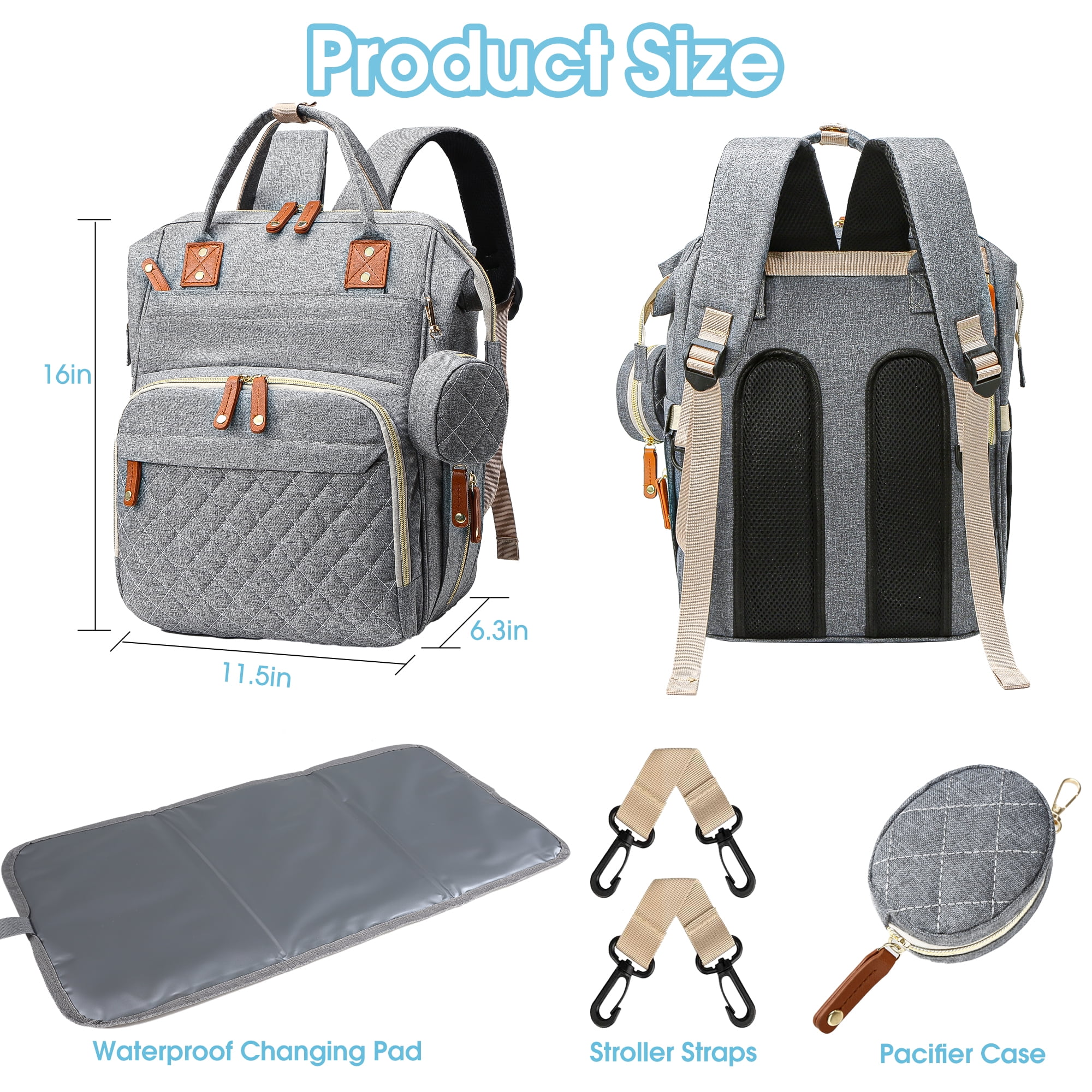 Posrue Diaper Bag Backpack, Portable Baby Bag Include Insulated Pocket, 3 In 1 Multi-Functional Travel Baby Diaper Bag with Diapers Changing Pad for Boys and Girls