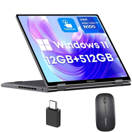 CHUWI MiniBook X 10.51" 360° Touchscreen Laptop 512GB SSD 12GB RAM,12th Gen Intel Alder Lake N100(Up to 3.4GHz),Windows 11,2 in 1 Tablet Notebook Computer+Mouse,1TB SSD Expand