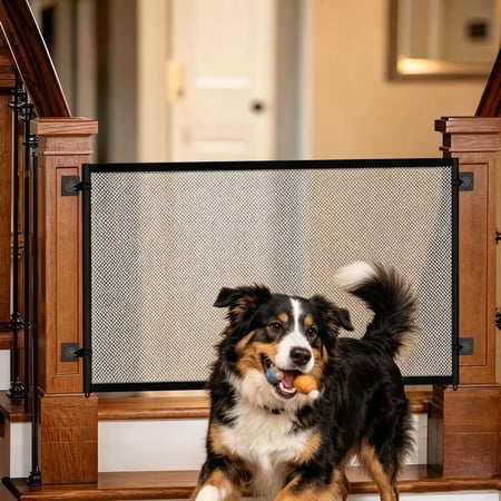 No Drill Mesh Pet Gate Fence for Doorways and Stairs Adjustable Indoor Safety Barrier with Bottom Hooks for Dogs and Cats