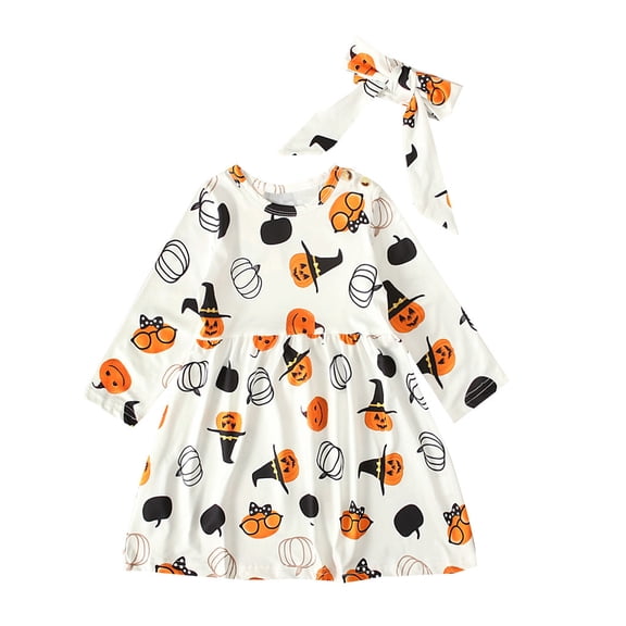 Glisme Halloween Infant Girls Dress Pumpkin Print Long Sleeve Crew Neck With Headwear Performance Dresses For Girls Size 18-24 Months
