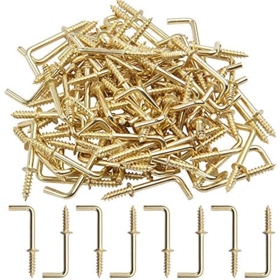 Metal Screw in Hooks, 100pcs 3/4 Inch Right Angle Screw Hooks Square Bend Hooks Self-Tapping Scew Hook for Hanging, Gold