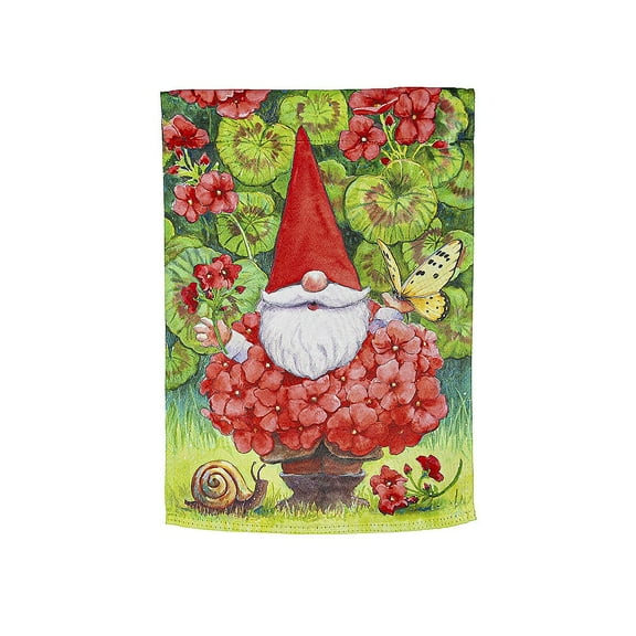 Evergreen Geranium Gnome Garden Suede Flag 12.5 x 18 Inches Indoor Outdoor Decor