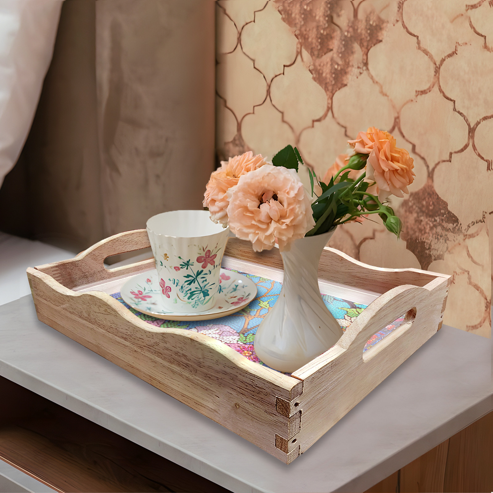 FLOPESN DIY Diamond Art Painting Tray,Handmade Wooden Tray Mosaic by Number Kits Diamond Art for Coffee Living Room Home Organizer-Birds singing and flowers fragrant