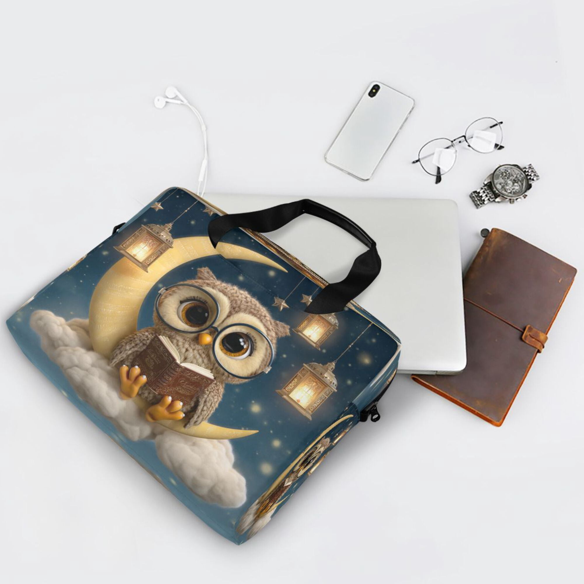 16" Laptop Briefcase, Detachable Anti-Slip Shoulder Strap, Multi-Compartment Work Travel Bag Cute Owl