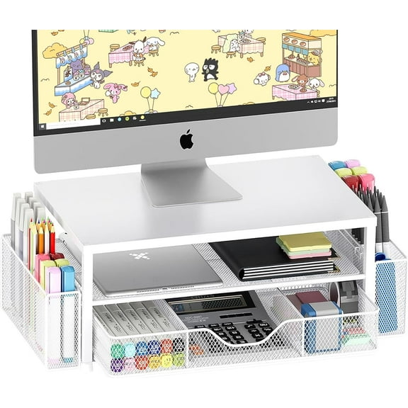 Desk Organizer and Accessories, 2-Tier Computer Monitor Stand Riser with Drawer and 2 Pen Holders, Office Desk Accessories for Office Supplies, Black