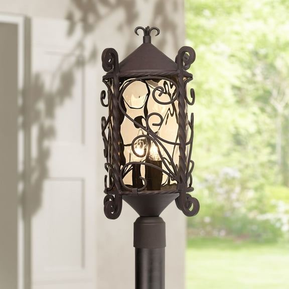 John Timberland Casa Seville Rustic Post Light Dark Walnut Spanish Iron Scroll 23 1/2" Champagne Hammered Glass for Exterior Barn Deck House Porch