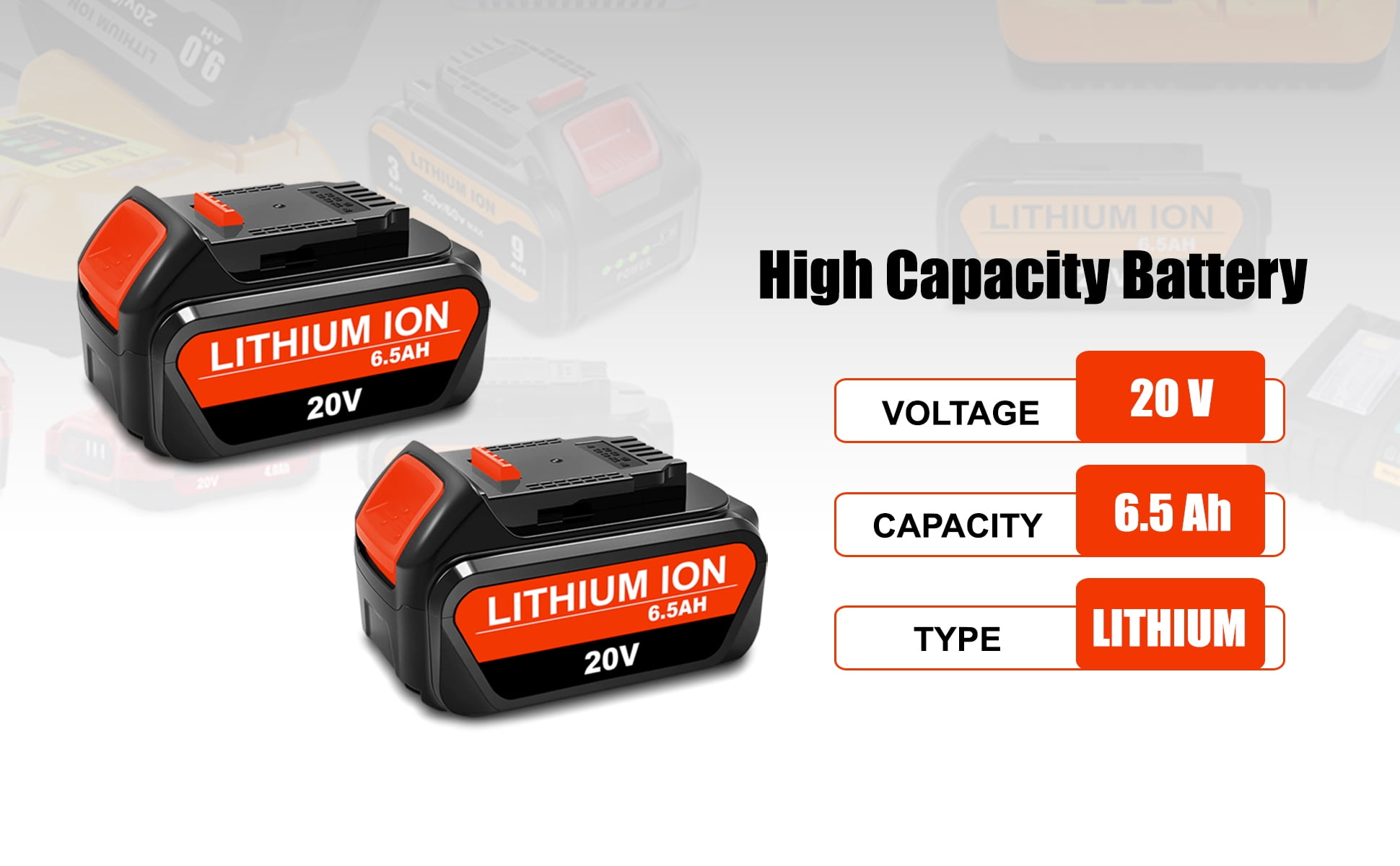 2 Pack 20V Max 6.5Ah High Capacity Battery DCB205-2 for DEWALT 20V Max XR Battery 6.0Ah DCB206-2 5.0Ah DCB205-2 4.0Ah DCB204-2 DCB200-2 20V Max XR Lithium Battery