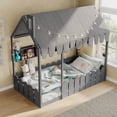 thumbnail image 4 of Twin Size Montessori House Bed,Floor Bed with Fence Railings, Tent, Lights and 3 Storage Shelves,Bedroom Furniture,Gray, 4 of 14
