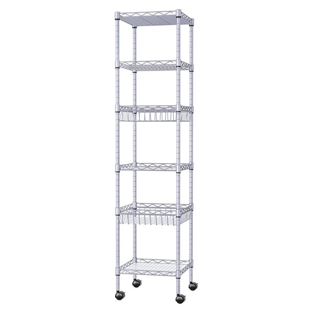 Estantería de Cocina de 6 Niveles con Ruedas,estantería de Almacenamiento Ajustable,Unidades de Estante de pie con cestas para Cocina, baño, lavandería Plata