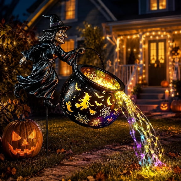 Halloween Witch Cauldron Garden Light,33.5″ Witch Stake Garden Light | Total height of 33.5 inches, Includes 1*12m, 100-light solar-powered multicolored LED light strip, Waterproof