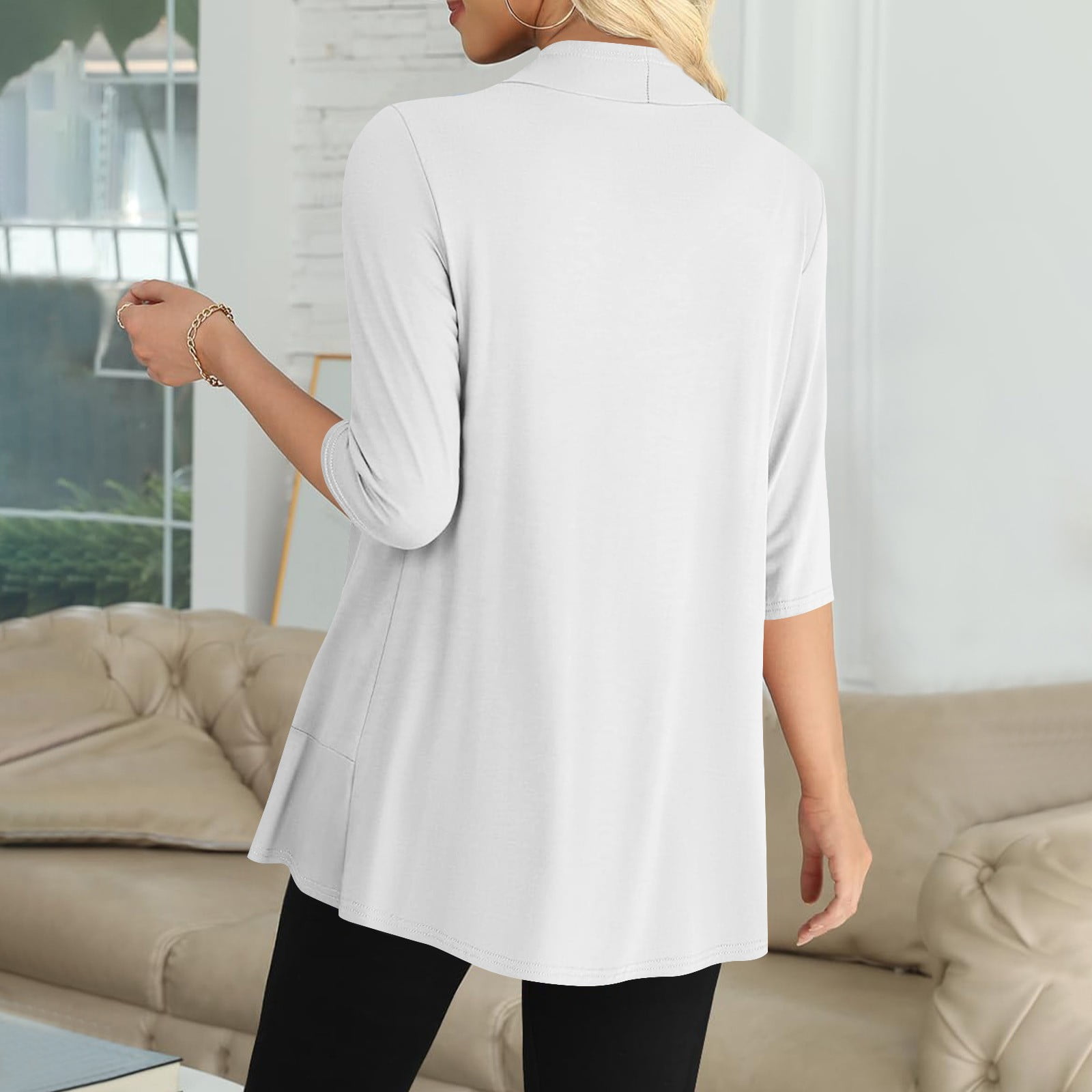 Women’s Lightweight Draped Cardigan With Ruffles & Pockets – 3/4 Sleeve Open Front Kimono Style