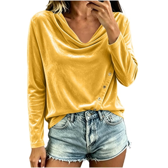 Smupbvky Velvet Tops for Women Dressy Casual Cowl Neck Long Sleeve Pullover Soft Velour Blouses with Buttons (XL, Yellow)