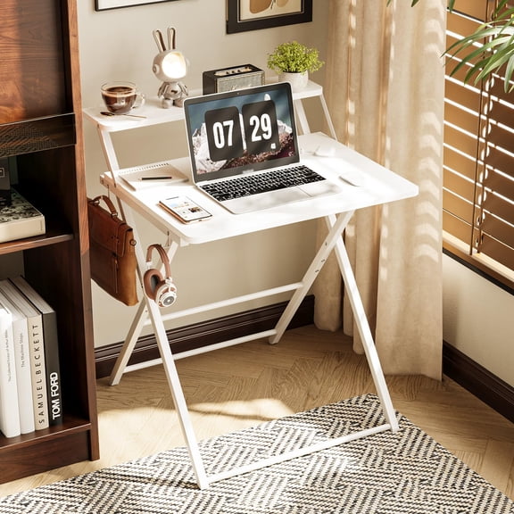 Folding Small Desk for Bedroom, White Foldable Space-Saving Desk for Small Spaces, Portable Home Office Computer Desk for Apartment Dorm, Study Writing Table, Sturdy Minimalist Desk, 23.6"