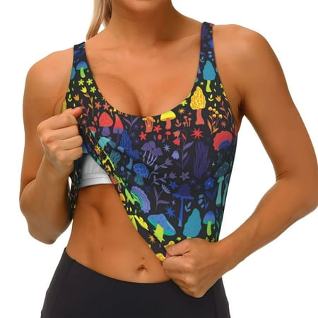 Goofa Magical Mushrooms and Flowers Printed Sports Bras for Women  High Impact Running Bra Workout Crop Tank Tops Longline Sports Bra Push up-Small