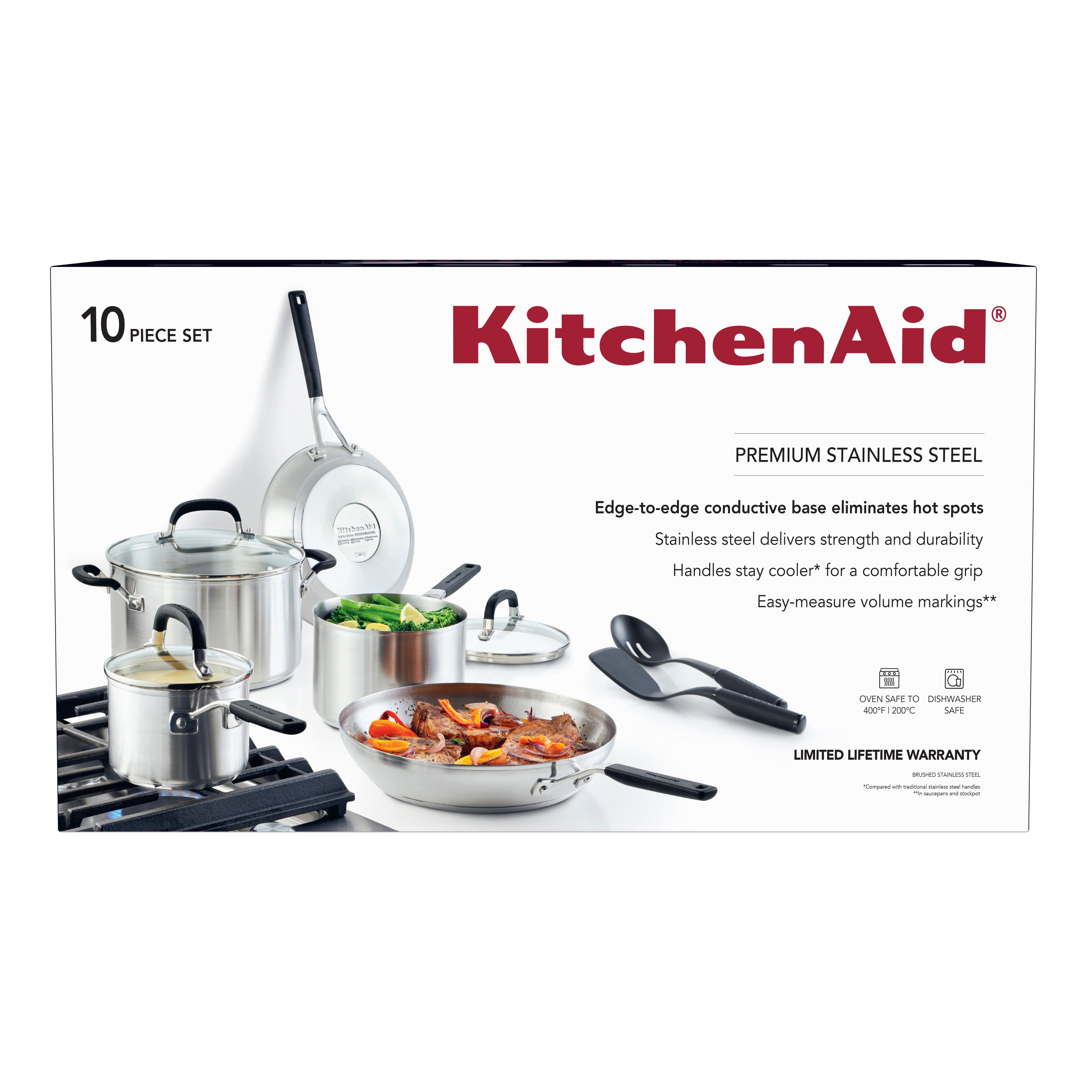KitchenAid 10 Pieces Brushed Stainless Steel Cookware Set - AliExpress