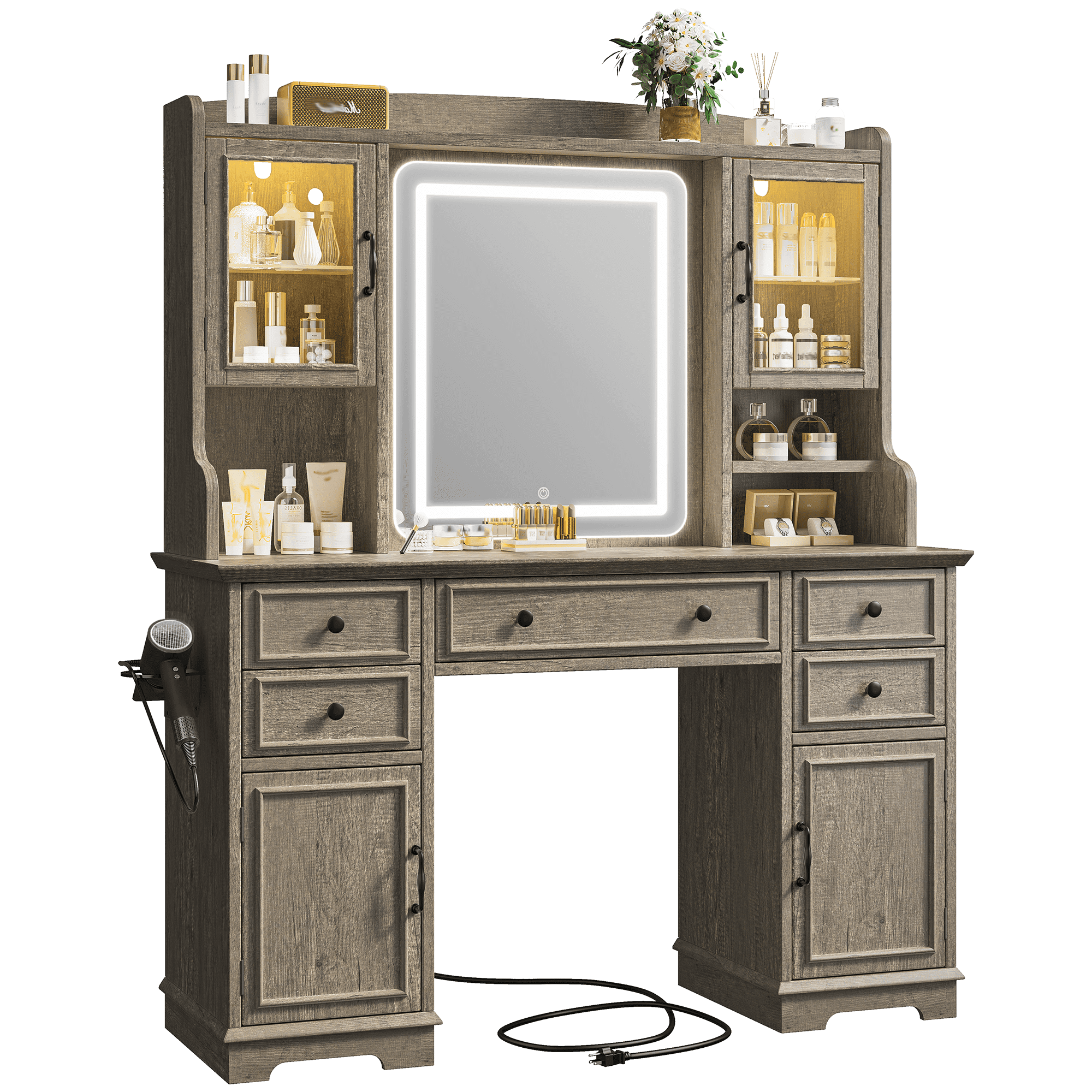 EnHomee Vanity Set with Mirror and Lights Farmhouse Vanity Desk with 5 Drawers & 2 Storage Cabinets Makeup Vanity Table with Lighted Mirror,Dark Oak