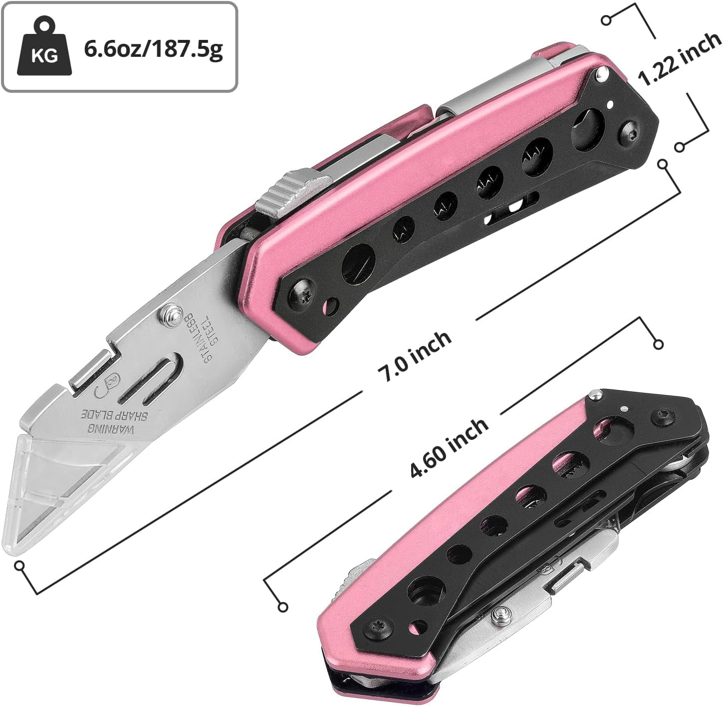 RGHJAR-Pink Box Cutter Knife, Folding Utility Knife, 6 in 1 Razor Pocket Utility Knives Multitool with Clip, 5 Razor Blades, Screwdriver, Saw, Safe Lock, Work Knives, EDC Gadgets Gifts for Men Women