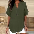 thumbnail image 4 of Womens Cotton Linen Tops Short Sleeve V Neck Blouse Fashion Casual Loose Fit Lightweight Breathable Summer Daily Wear by Yigetop Blackish Green L, 4 of 6