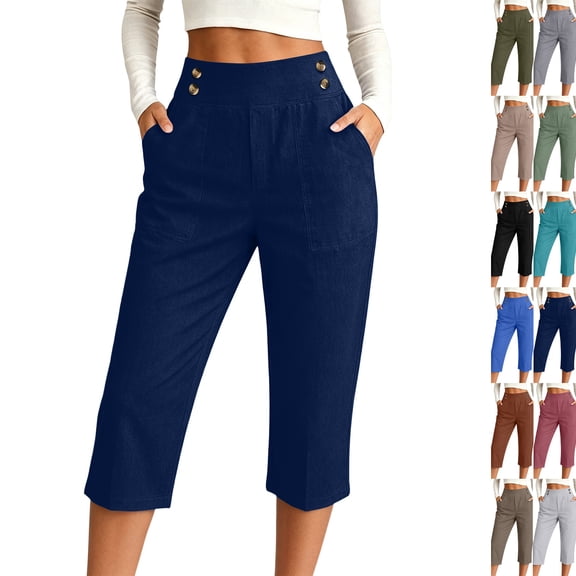 Capris for Women with Pockets Cotton Linen High Waisted Pants Dressy Casual Cropped Pant Casual Summer Yoga Capris Navy M