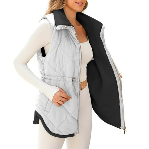 Zpanxa Womens Winter Coats Vests Sleeveless Fleece Jacket Zip up Stand Collar Cotton Padded Coat Long Warm Quilted Jacket Outerwear with Pockets White M