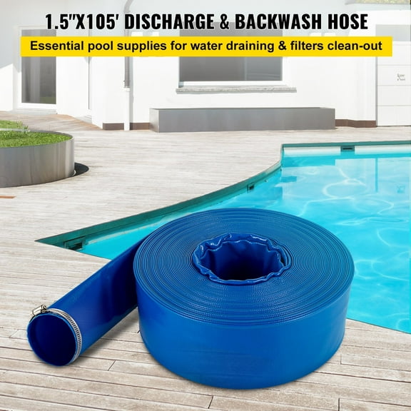 1.5" x 105ft Heavy Duty PVC Lay Flat Discharge Hose - Burst-Proof, Weather-Resistant for Pool Backwash, Drainage & Water Transfer, Blue (with Clamps)