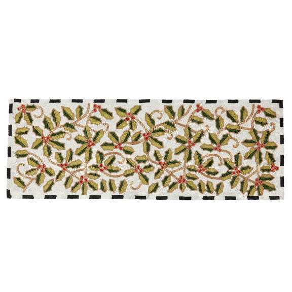 Saro Lifestyle Festive Holly Leaves Beaded Table Runner