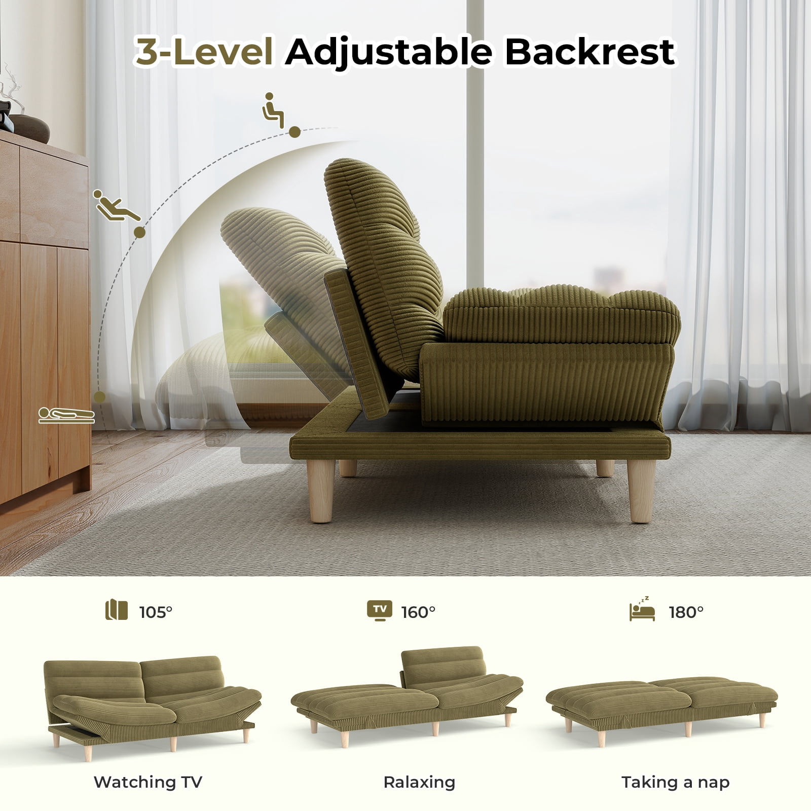 Ebello Convertible Futon Sofa Bed, Fabric with 3-Position Reclining Backrest and Adjustable Armrests for Living Room Apartment Office, Green