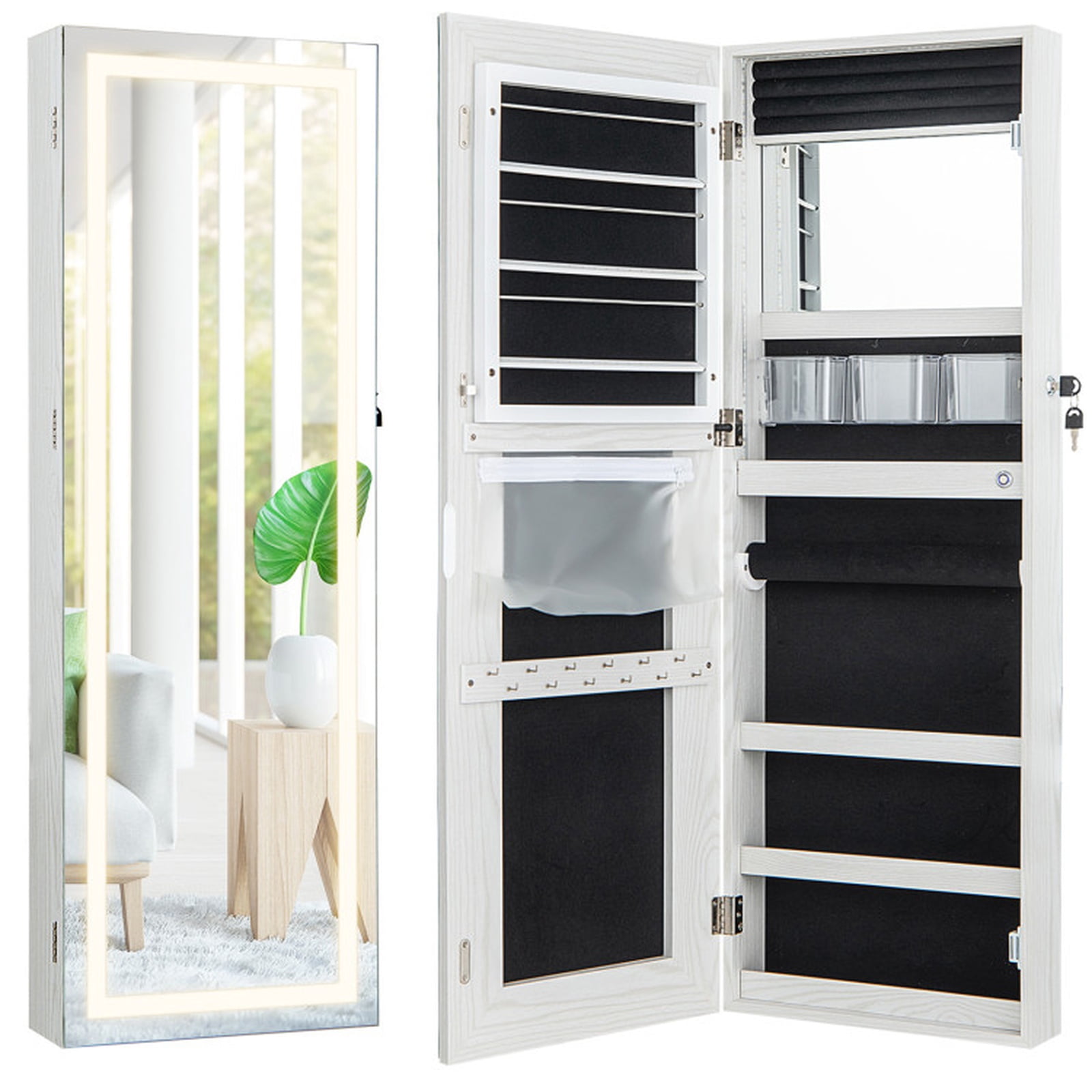 Furnibear 42.5 Inches Lockable Jewelry Mirror Wall Cabinet with 3-Color LED Lights for Bedroom Dressing Room Jewelry Necklace Rings Storage, White