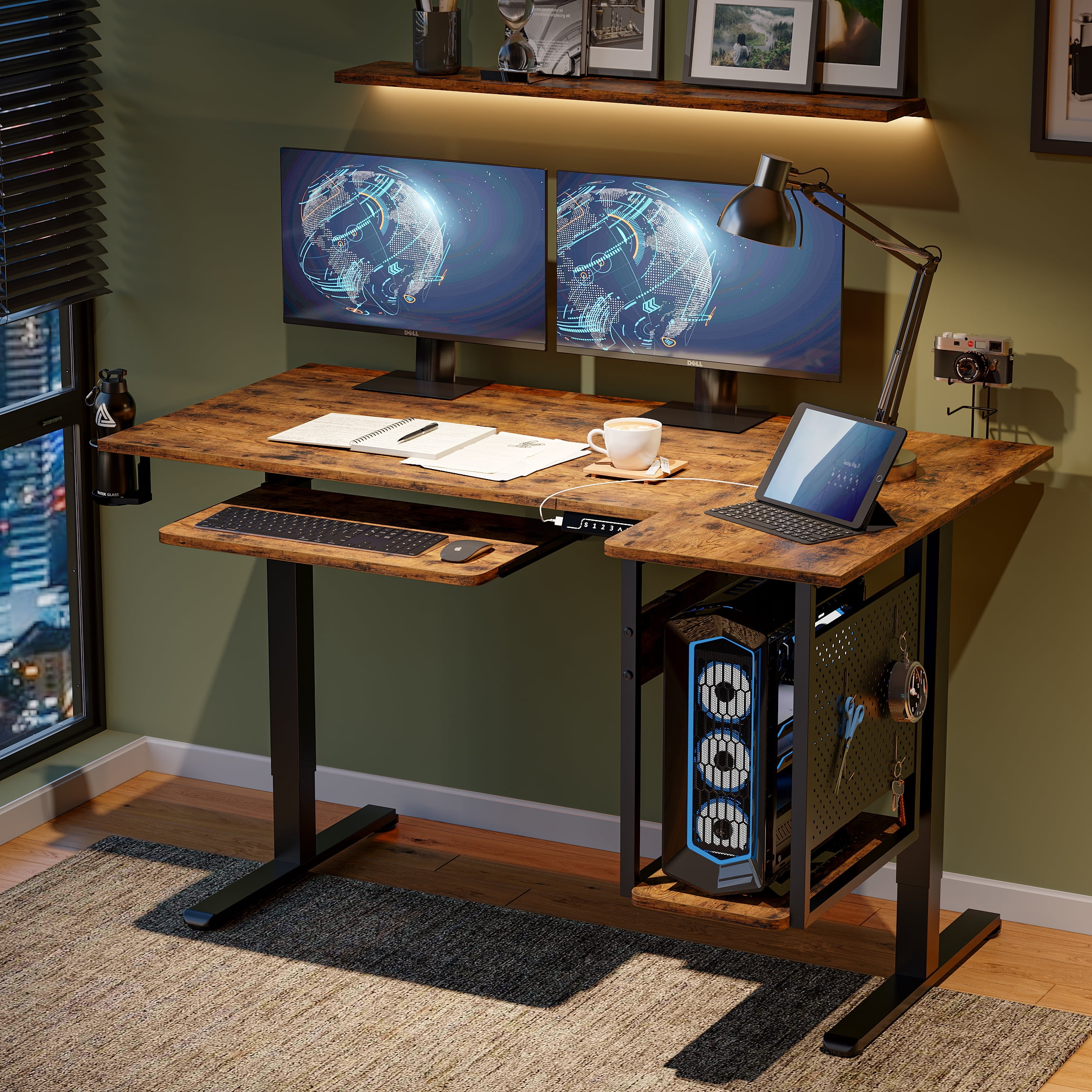 Bestier 57.5" x 31.5" Standing Desk Adjustable Height L-Shaped Electric Sit Stand Office Computer Table with Keyboard Tray, Rustic Brown