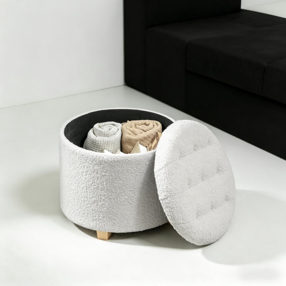 Storage Ottoman, 10.7 Gallon Teddy Fleece Ottoman with Storage, Button Tufted Footstool with Pine Wood Legs, Round Multifunctional Storage Bench for Living Room Bedroom