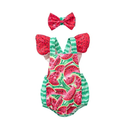 

Sunisery 2PCS Newborn Infant Kids Baby Girls Fly Sleeve Romper Bow Headwear Summer Outfits Watermelon 6-12 Months