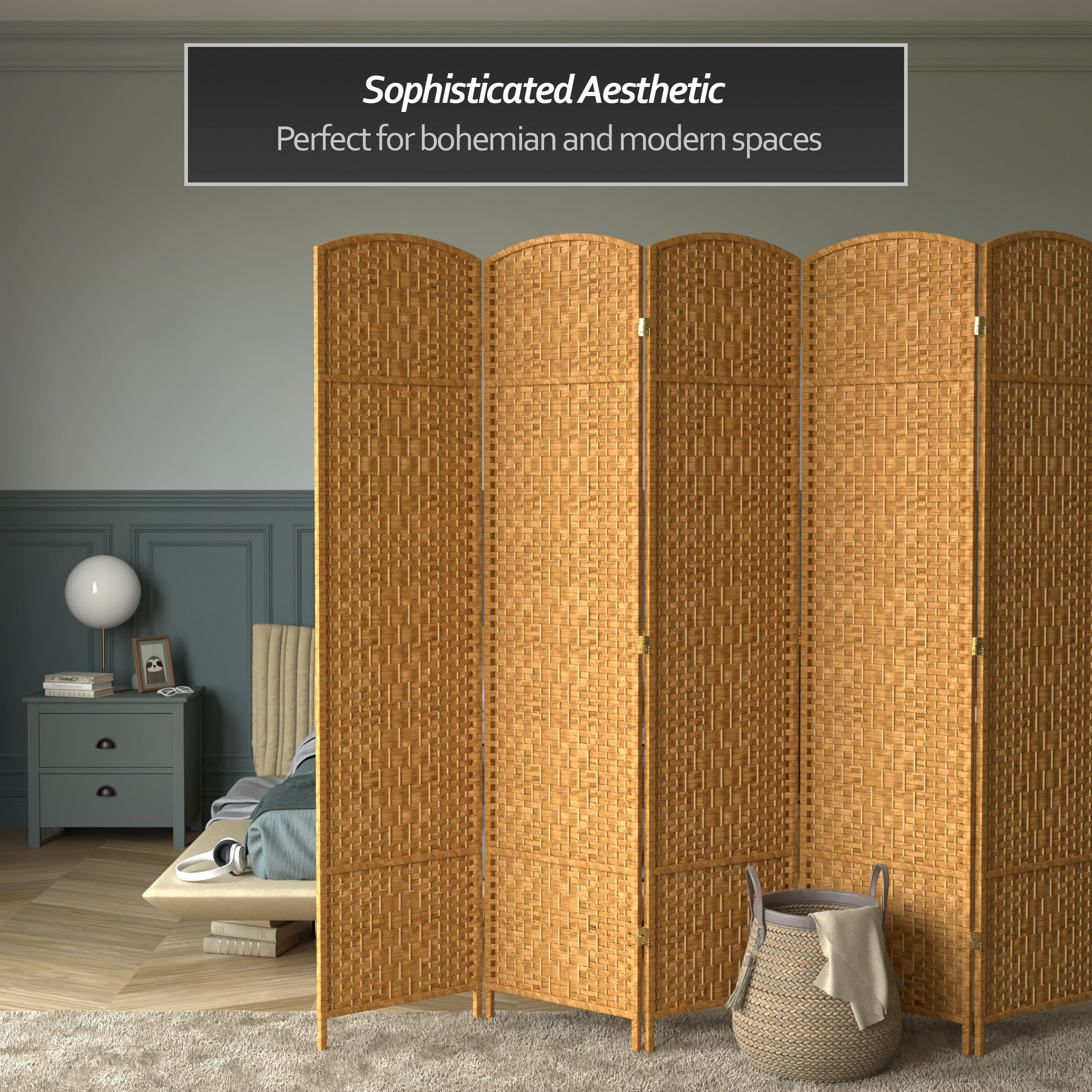 7 ft. Tall Rattan Fiber Diamond Weave Privacy Screen Room Divider - Light Beige - 6 Panels