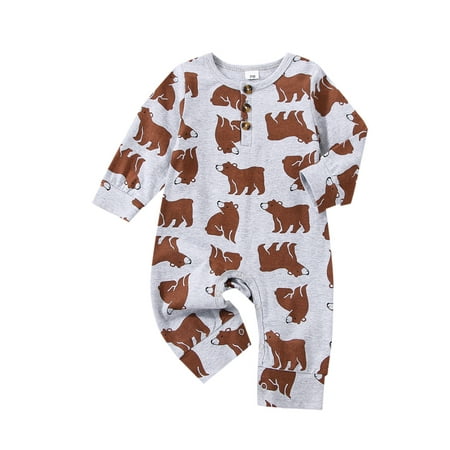 

jaweiwi Toddler Baby Rompers for Newborn Girl Boy Cartoon Bear Print Button Round Neck Long Sleeve Jumpsuit Size 0 6 9 12 18 M