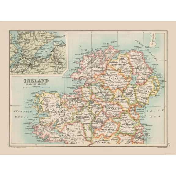 Historic Map - Ireland Northern - Bartholomew 1892 - Vintage Wall Art