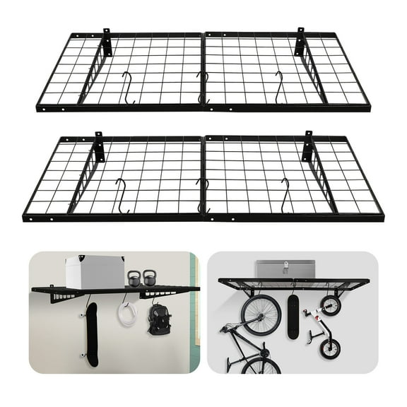 Black 2 Packs Garage Shelving W/ 6 Hooks 24*48" Wall Shelf Garage Storage Rack