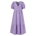 thumbnail image 5 of Dream Lifestyle V-Neck Puff Short Sleeve A-Line Midi Dress Ruffle Stitching Hem Women Casual Dress Female Clothing, 5 of 7