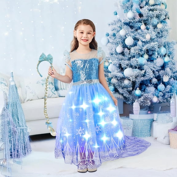 LED Light-Up White blue Princess Tutu Dress for Girls - Sleeveless Party Gown with Star Sequins, Perfect for Halloween, Christmas, and Special Occasions, Party Dress, Best for Christmas